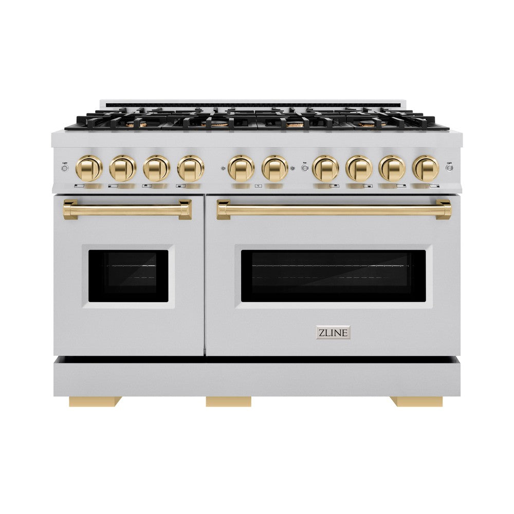 ZLINE Autograph Edition Classic 48-inch range in stainless steel and polished gold accents CGRZ-48-G, front view