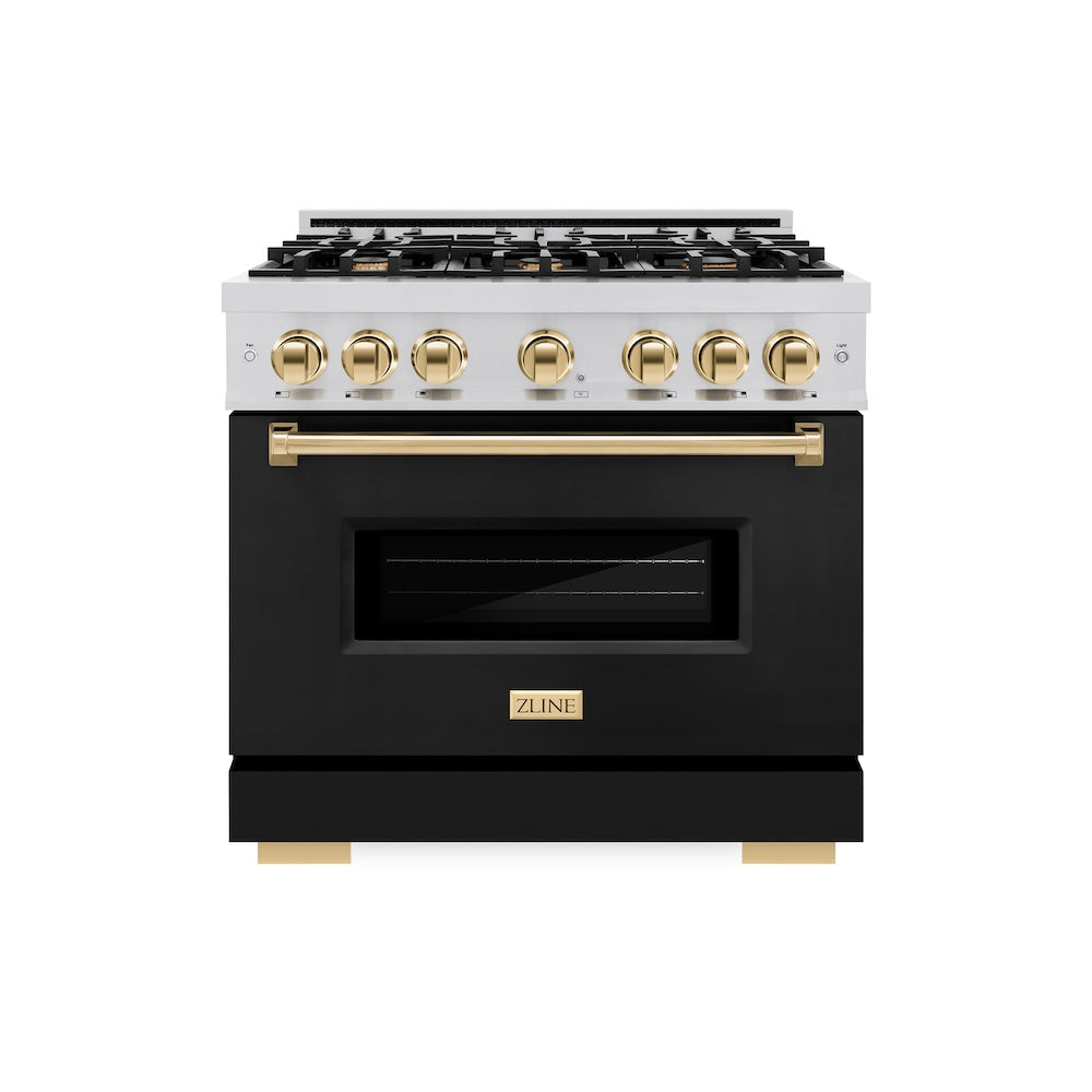 ZLINE Autograph Edition Classic 36-inch range in stainless steel with black matte door and polished gold accents CGRZ-BLM-36-G, front view