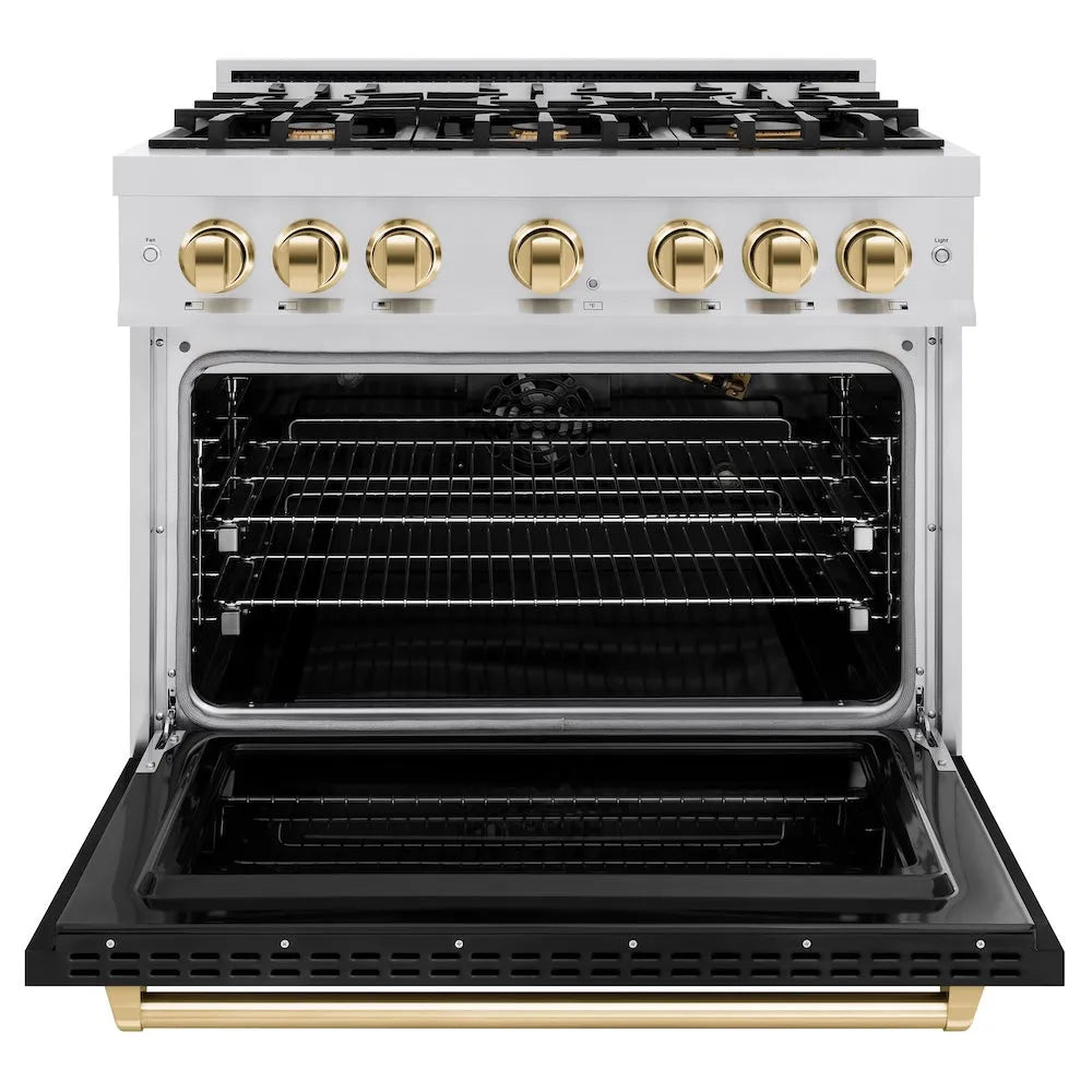 ZLINE Autograph Edition Classic 36-inch range in stainless steel with black matte door and polished gold accents CGRZ-BLM-36-G, front view