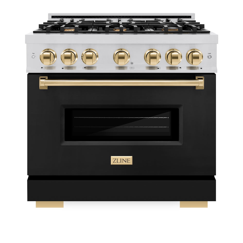 ZLINE Autograph Edition Classic 36-inch range in stainless steel with black matte door and polished gold accents CGRZ-BLM-36-G, front view