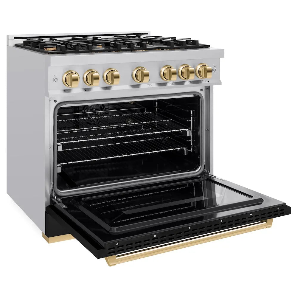 ZLINE Autograph Edition Classic 36-inch range in stainless steel with black matte door and polished gold accents CGRZ-BLM-36-G, door open