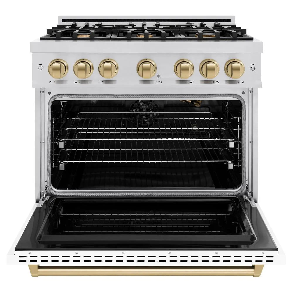 ZLINE Autograph Edition Classic 36-inch range in stainless steel with white matte door and champagne bronze accents CGRZ-WM-36-CB, front view