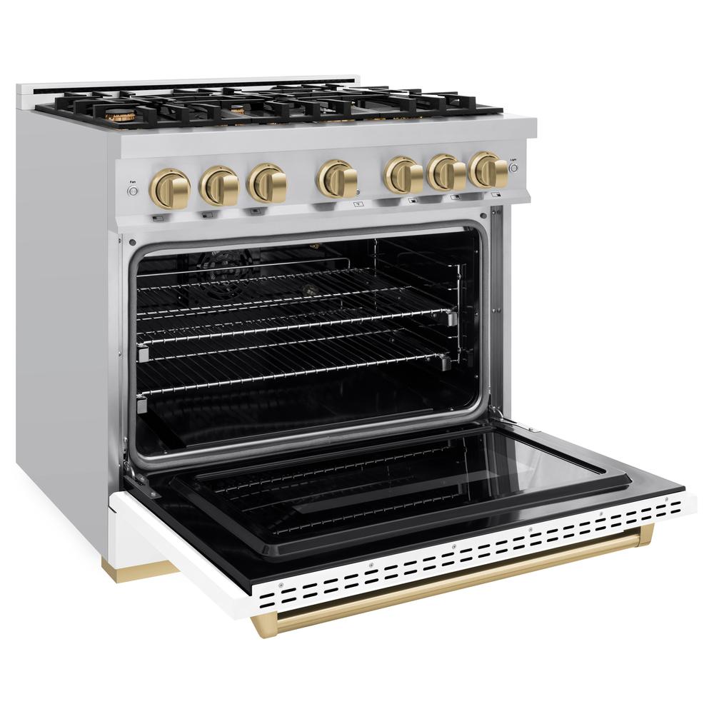 ZLINE Autograph Edition Classic 36-inch range in stainless steel with white matte door and champagne bronze accents CGRZ-WM-36-CB, door open