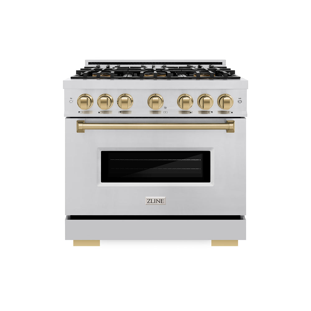 ZLINE Autograph Edition Classic 36-inch range in stainless steel and champagne bronze accents PCDRZ-36-CB, front view