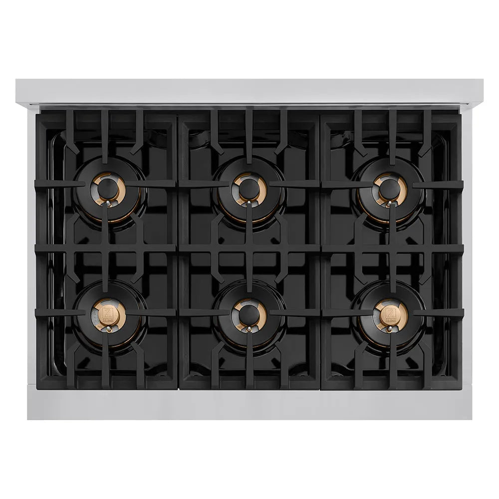 ZLINE Autograph Edition Classic 36-inch range in stainless steel and champagne bronze accents PCDRZ-36-CB, from above