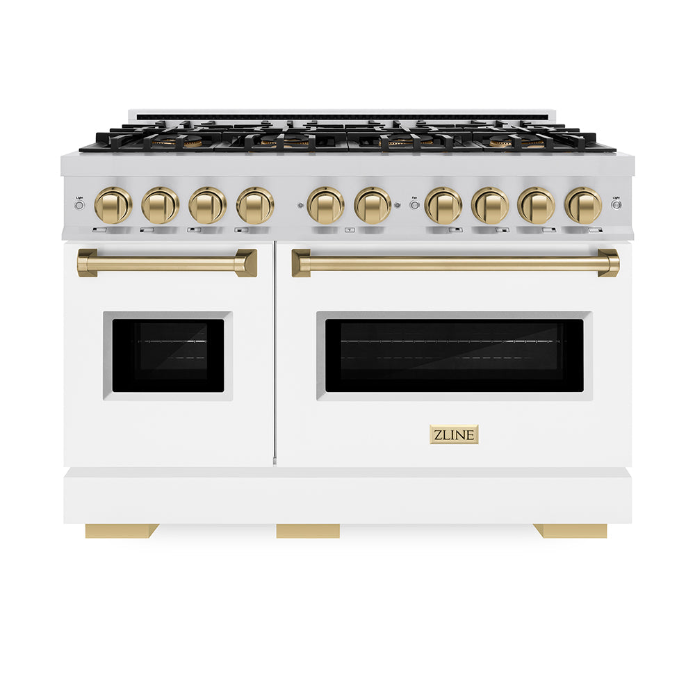 ZLINE Autograph Edition Classic 48-inch range in white matte and champagne bronze accents PCDRZ-WM-48-CB, front view