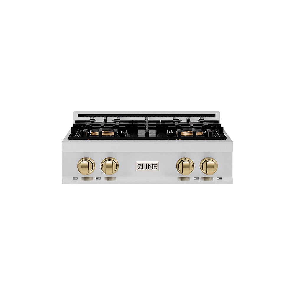 ZLINE Autograph Edition Classic 30-inch rangetop in stainless steel and champagne bronze accents PCRTZ-30-CB, front view