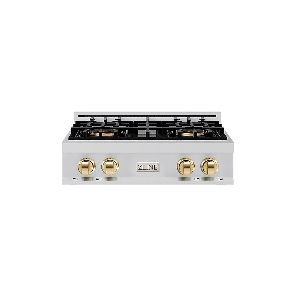 ZLINE Autograph Edition Classic 30-inch rangetop in stainless steel and polished gold accents PCRTZ-30-G, front view