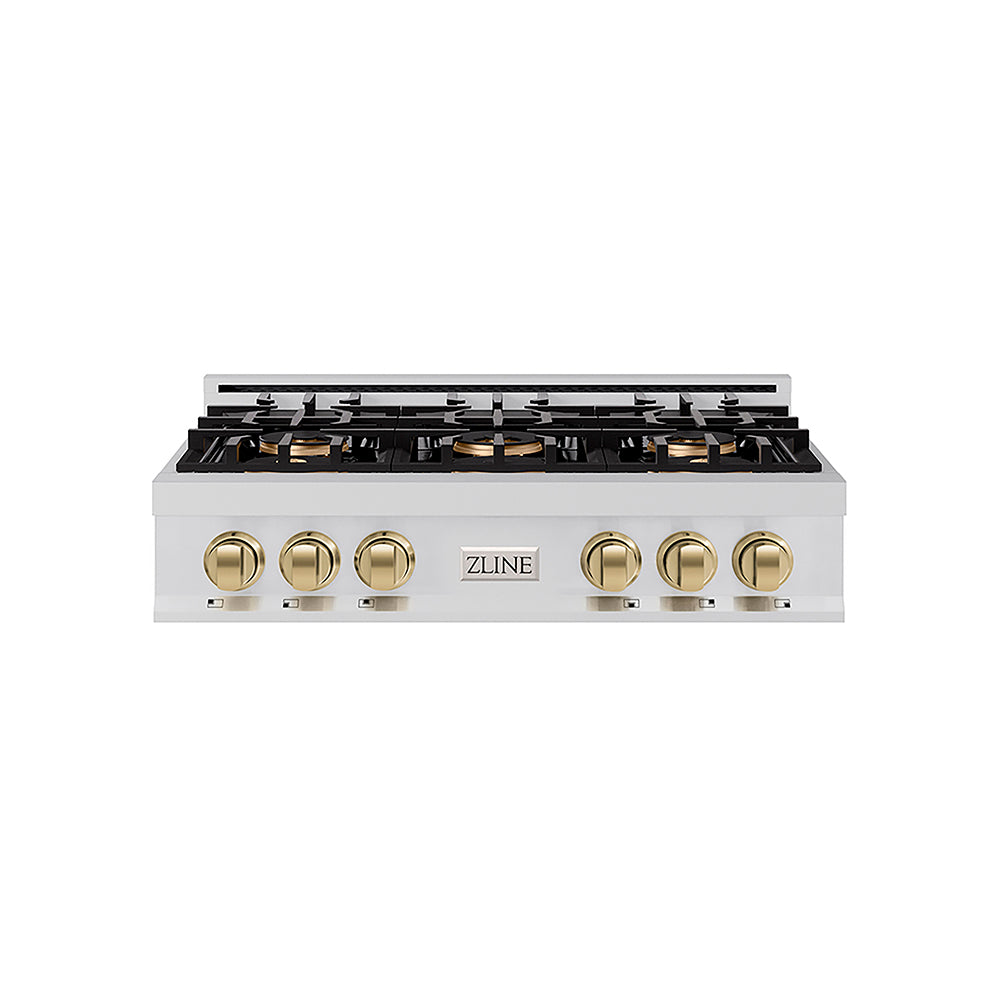 ZLINE Autograph Edition Classic 36-inch rangetop in stainless steel and champagne bronze accents PCRTZ-36-CB, front view