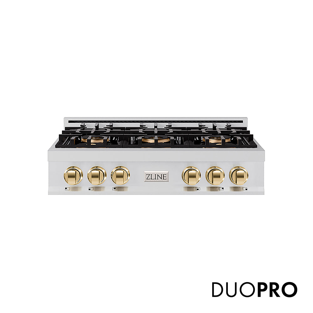 ZLINE Autograph Edition Classic 36-inch rangetop in stainless steel and polished gold accents PCRTZ-36-G