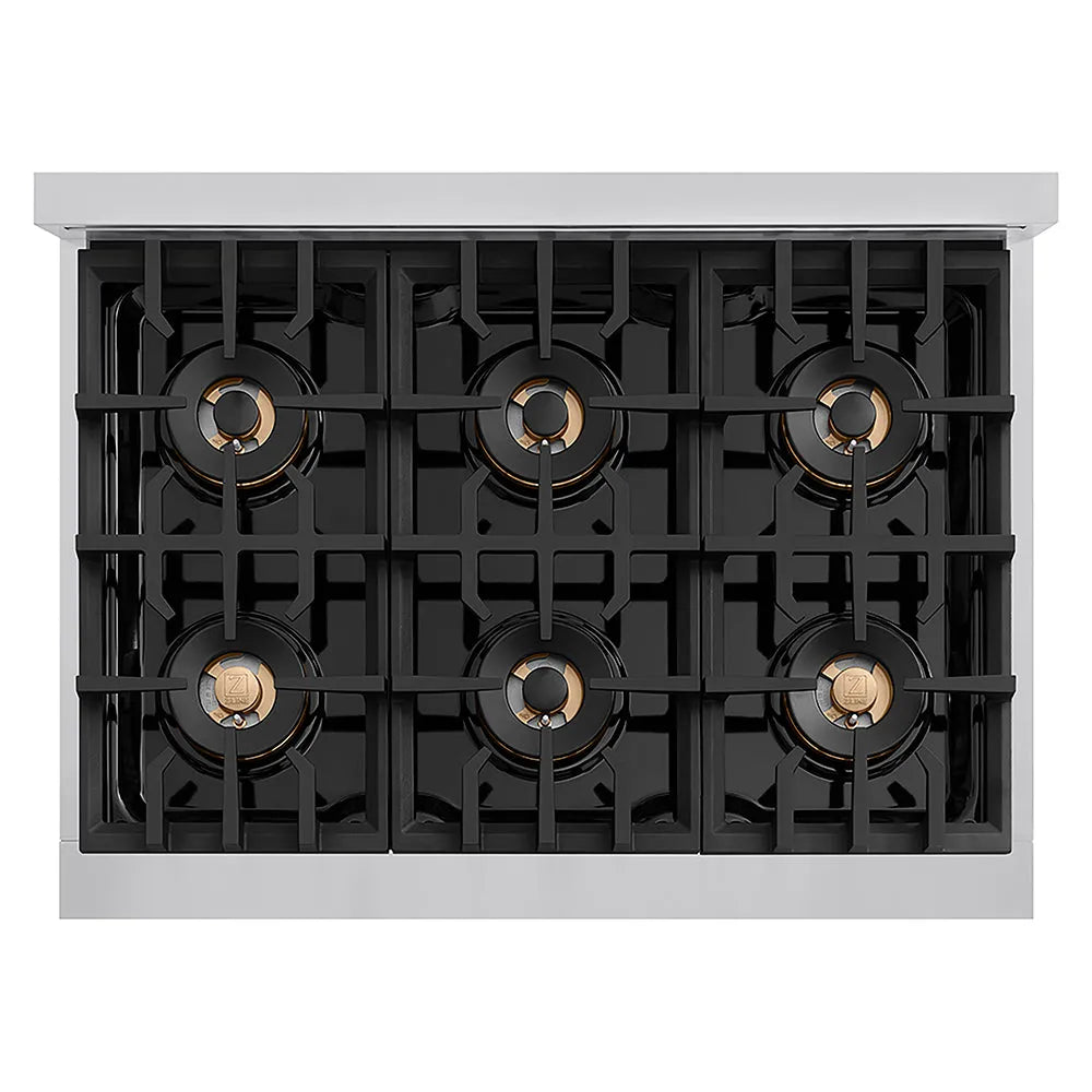 ZLINE Autograph Edition Classic 36-inch rangetop in stainless steel and polished gold accents PCRTZ-36-G, from above