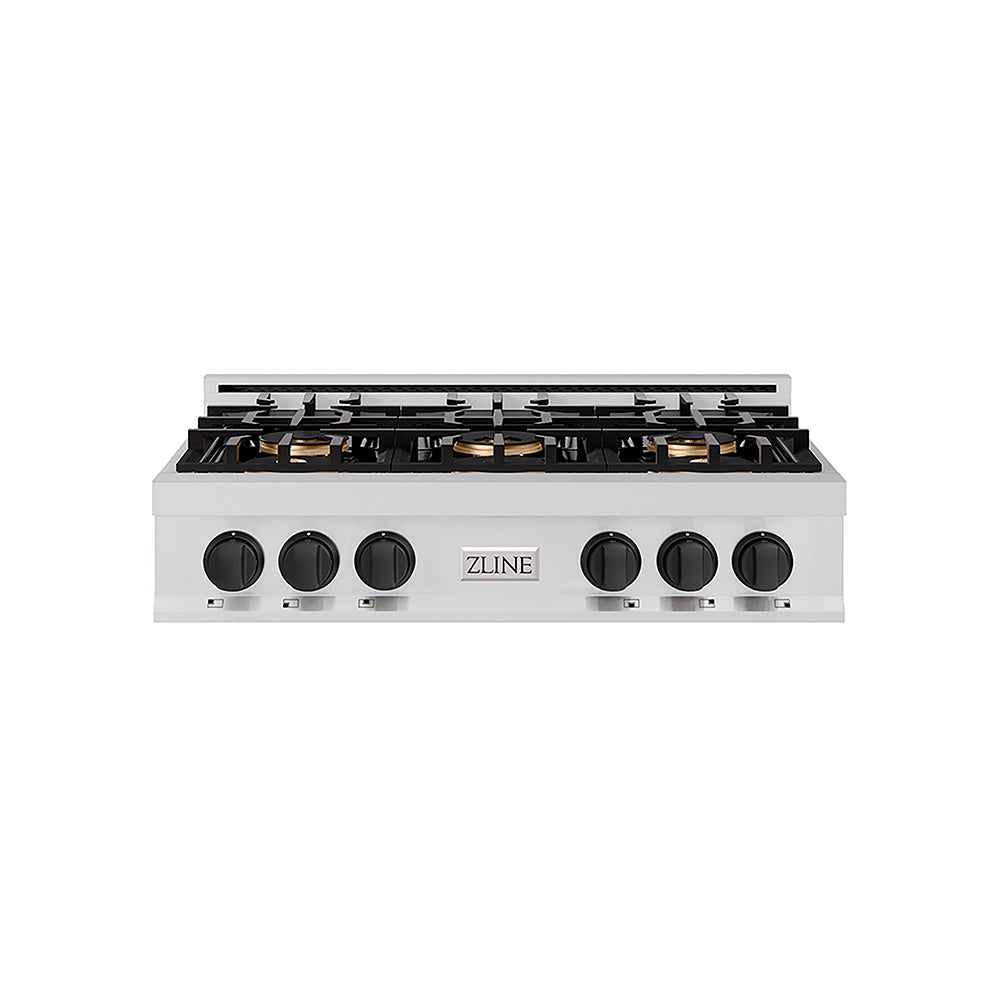 ZLINE Autograph Edition Classic 36-inch rangetop in stainless steel and matte black accents PCRTZ-36-MB, front view