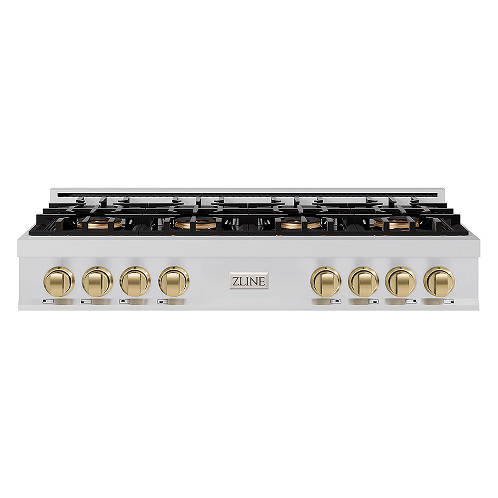 ZLINE Autograph Edition Classic 48-inch rangetop in stainless steel and champagne bronze accents PCRTZ-48-CB, front view