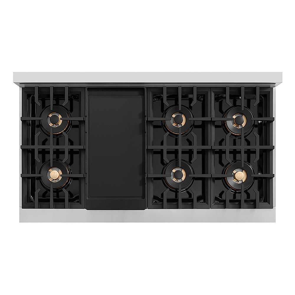 ZLINE Autograph Edition Classic 48-inch rangetop in stainless steel and polished gold accents PCRTZ-48-G, from above