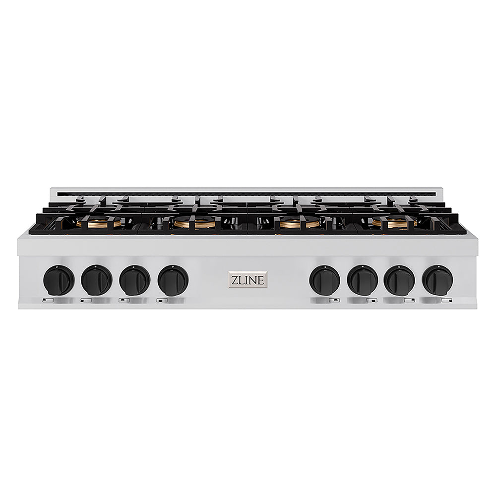 ZLINE Autograph Edition Classic 48-inch rangetop in stainless steel and matte black accents PCRTZ-48-MB, front view