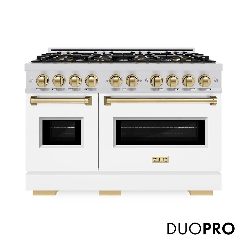 ZLINE Autograph Edition Classic 48-inch range in white matte and champagne bronze accents PCGRZ-WM-48-CB