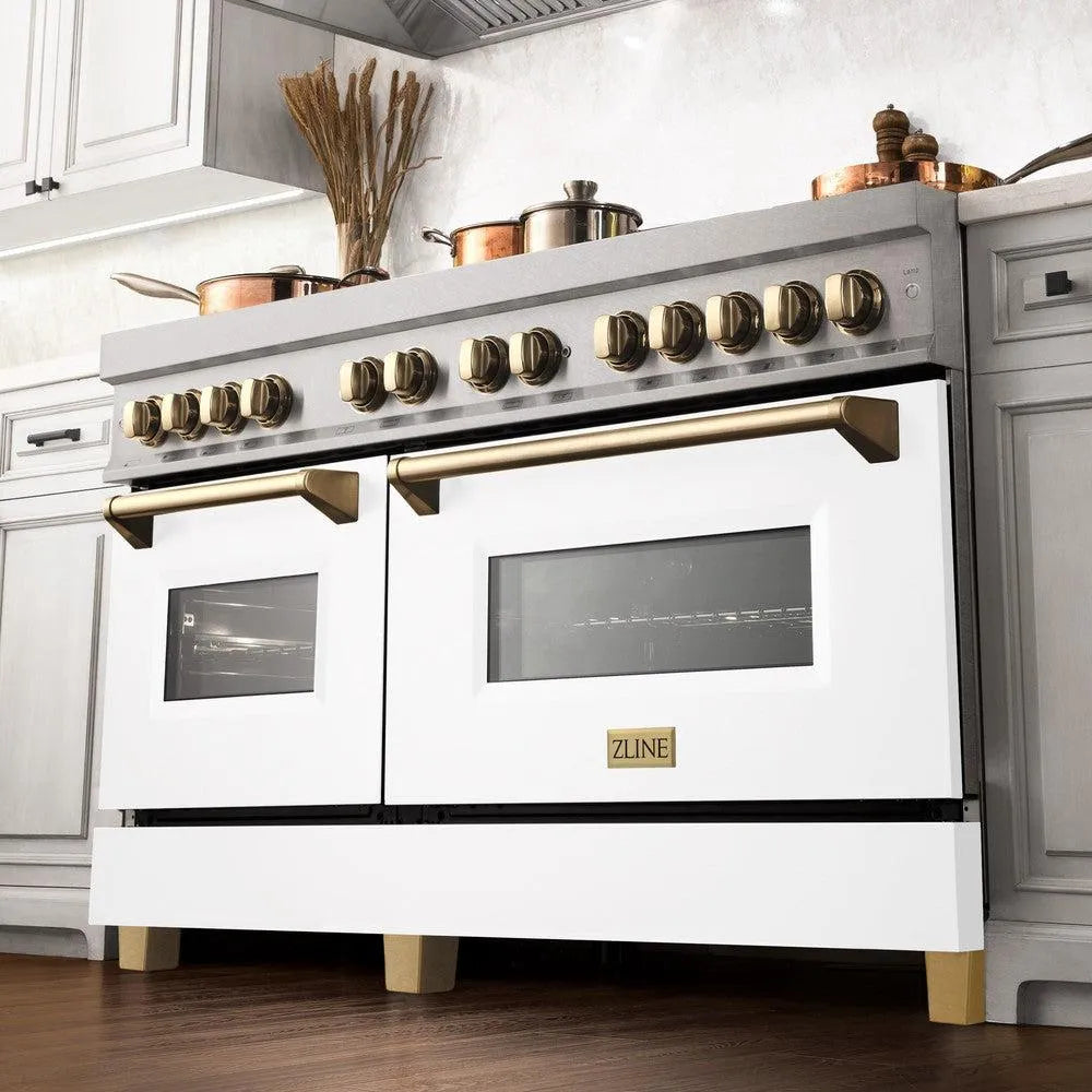 ZLINE Autograph Edition Legacy 60-inch range in stainless steel with white matte door and polished gold accents RAZ-WM-60-G, from above