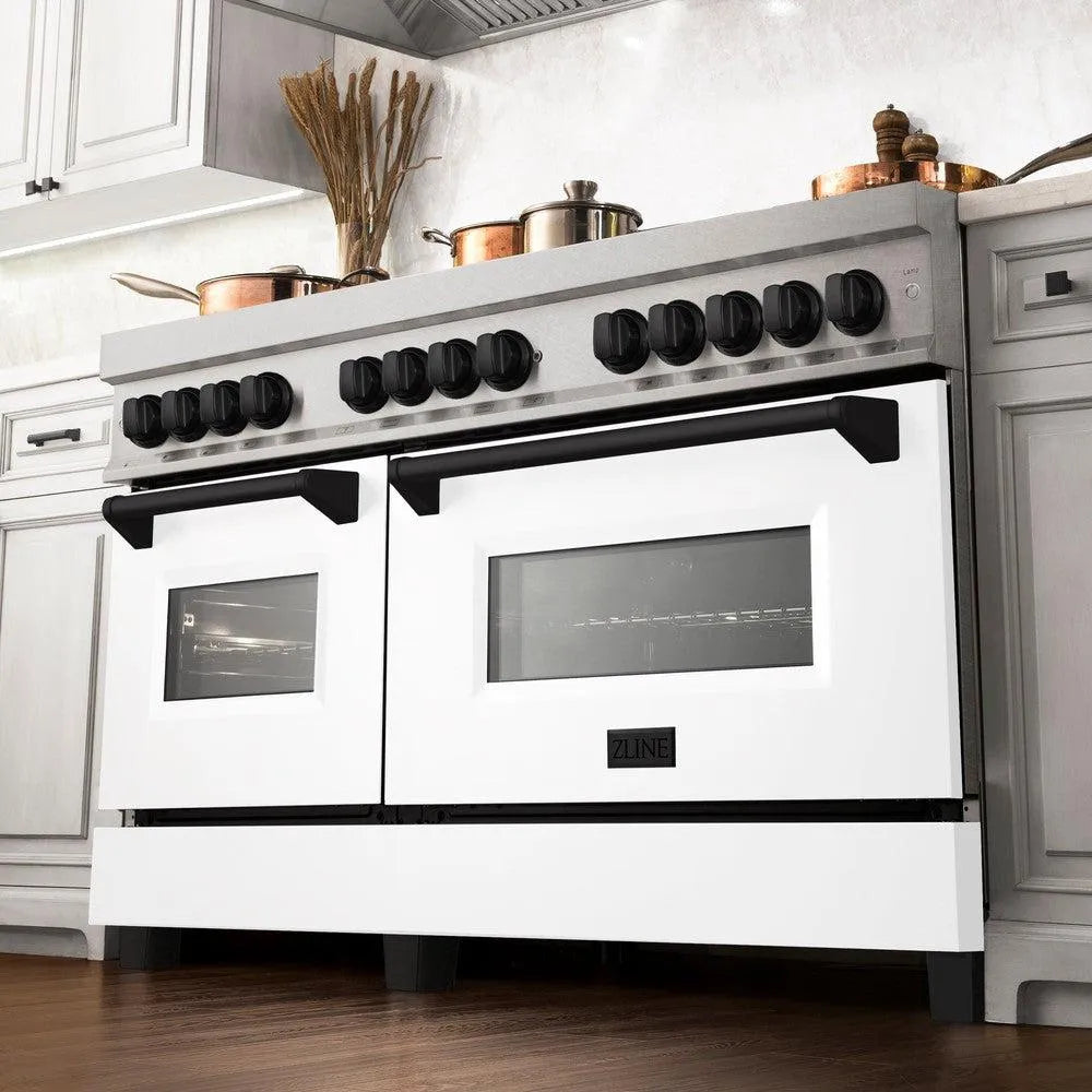 ZLINE Autograph Edition Legacy 60-inch range in stainless steel with white matte door and matte black accents RAZ-WM-60-MB, from above