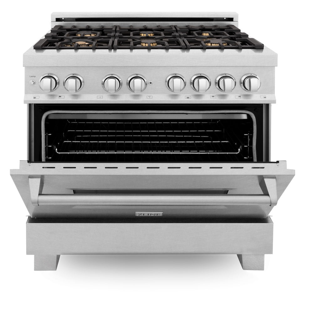 ZLINE Legacy 36-inch range in satin stainless steel RAS-SN-BR-36, front view