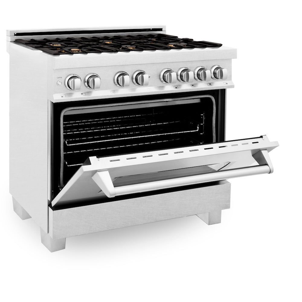ZLINE Legacy 36-inch range in satin stainless steel RAS-SN-BR-36, door open