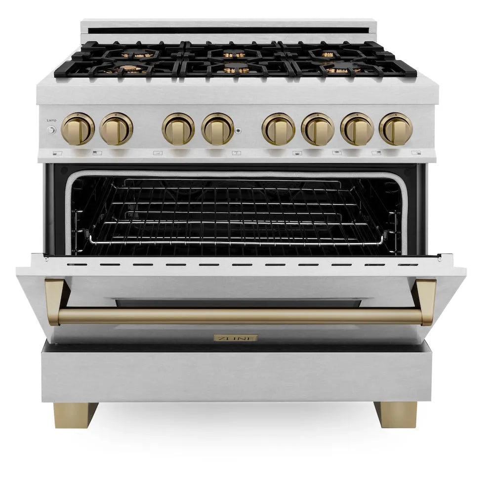 ZLINE Autograph Edition Legacy 36-inch range in satin stainless steel and champagne bronze accents RASZ-SN-36-CB, front view
