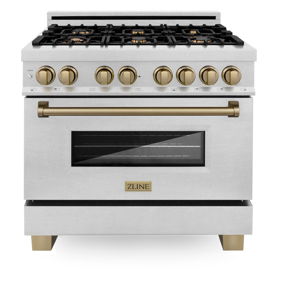 ZLINE Autograph Edition Legacy 36-inch range in satin stainless steel and champagne bronze accents RASZ-SN-36-CB, front view