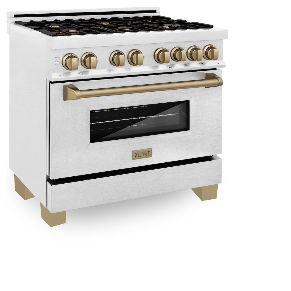 ZLINE Autograph Edition Legacy 36-inch range in satin stainless steel and champagne bronze accents RASZ-SN-36-CB, side view