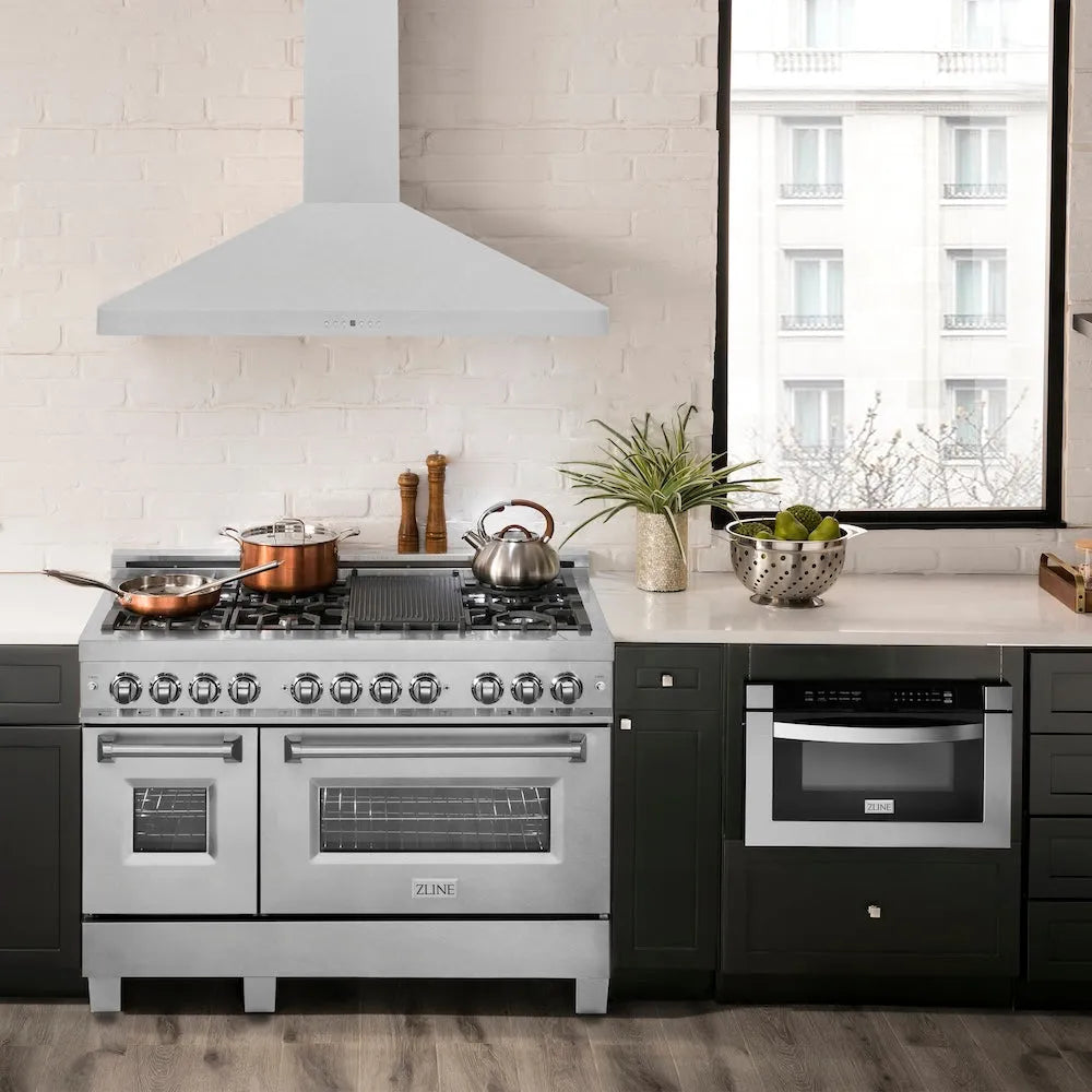 ZLINE 48-inch range hood in satin stainless steel 8KF2S-48, front view