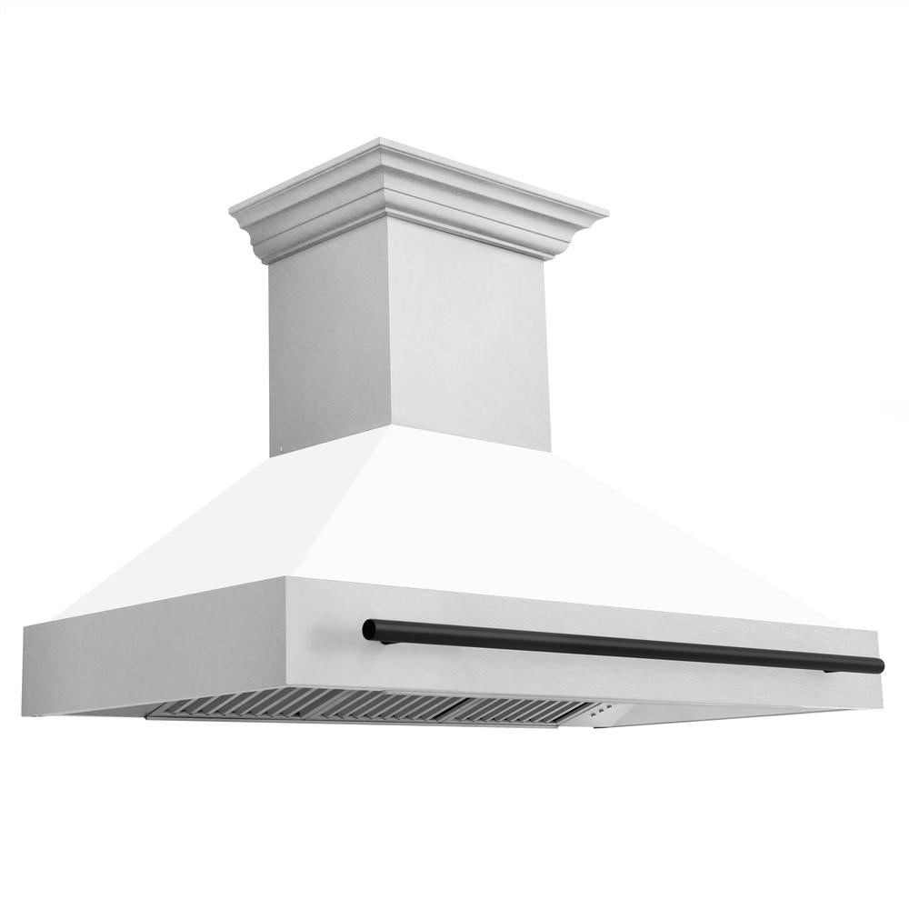 ZLINE Autograph Edition 48-inch range hood in satin stainless steel and matte black accents 8654SNZ-WM48-MB
