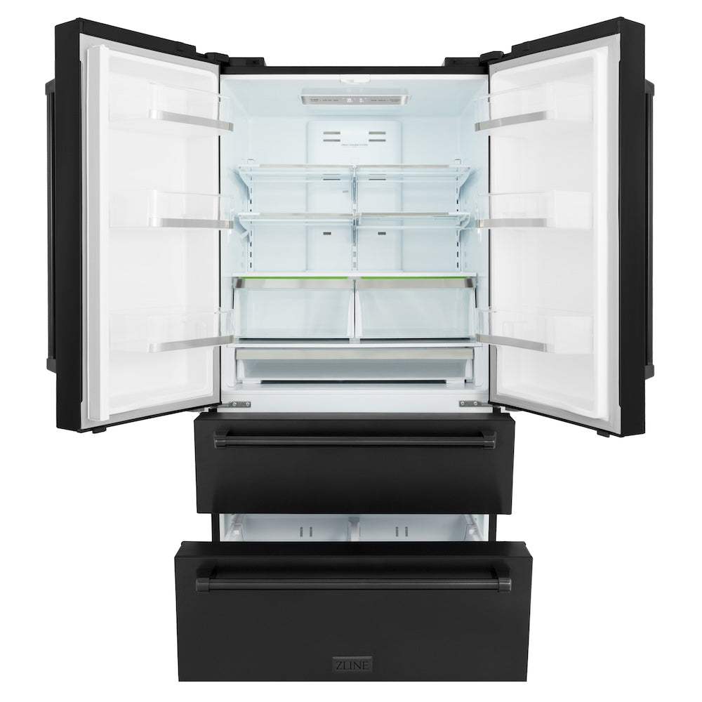 ZLINE 36-inch refrigerator in fingerprint-resistant black stainless steel with bright white interior RFM-36-BS, front view