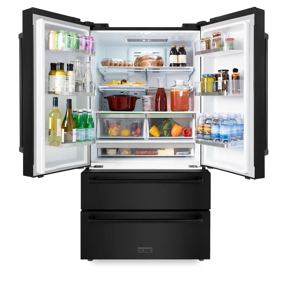ZLINE 36-inch refrigerator in fingerprint-resistant black stainless steel with bright white interior RFM-36-BS, front view