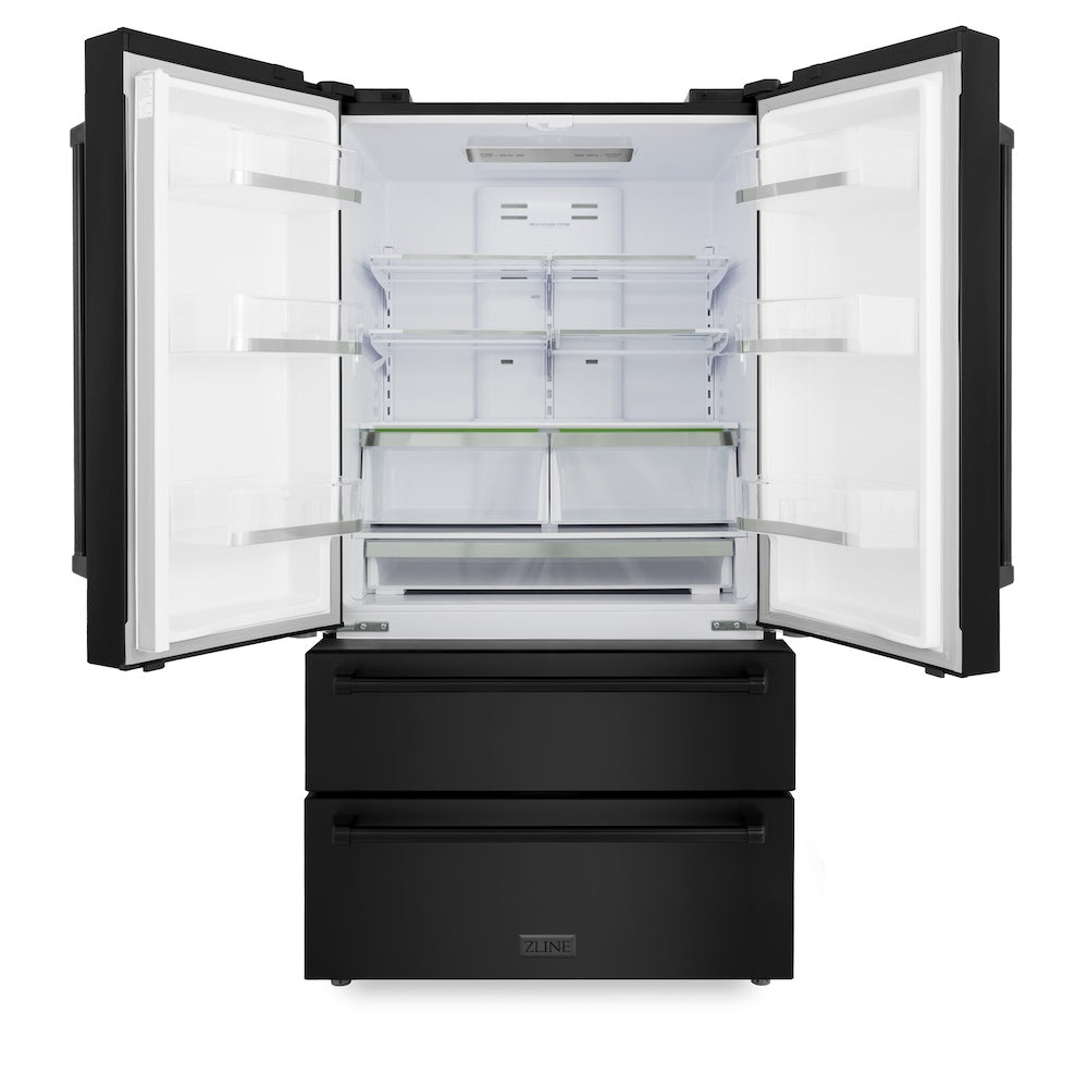 ZLINE 36-inch refrigerator in fingerprint-resistant black stainless steel with bright white interior RFM-36-BS, front view