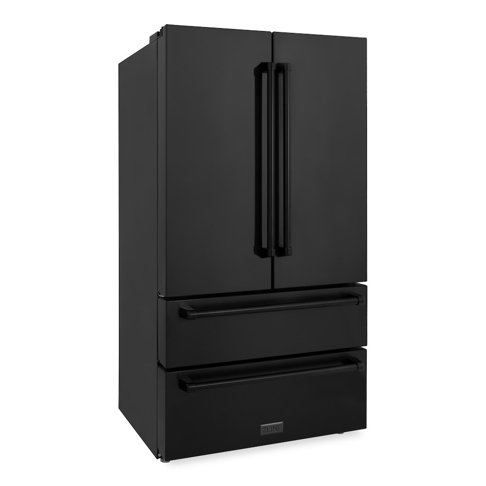 ZLINE 36-inch refrigerator in fingerprint-resistant black stainless steel with bright white interior RFM-36-BS, side view