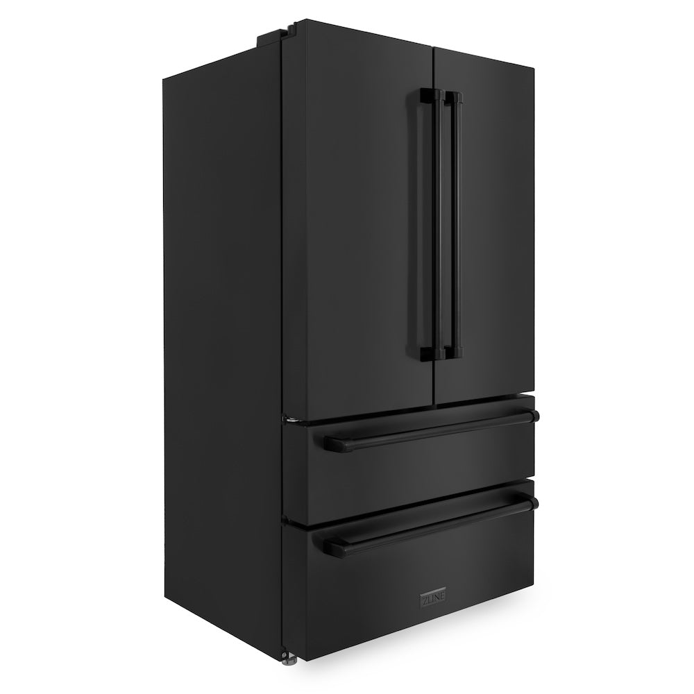 ZLINE 36-inch refrigerator in fingerprint-resistant black stainless steel with bright white interior RFM-36-BS, side view