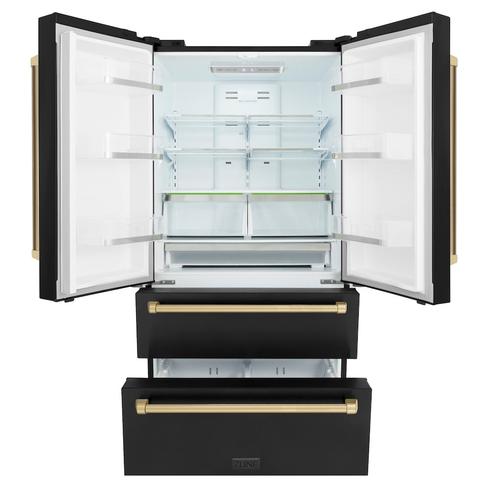 ZLINE Autograph Edition 36-inch refrigerator in fingerprint-resistant black stainless steel with bright white interior and champagne bronze accents RFMZ-36-BS-CB, front view