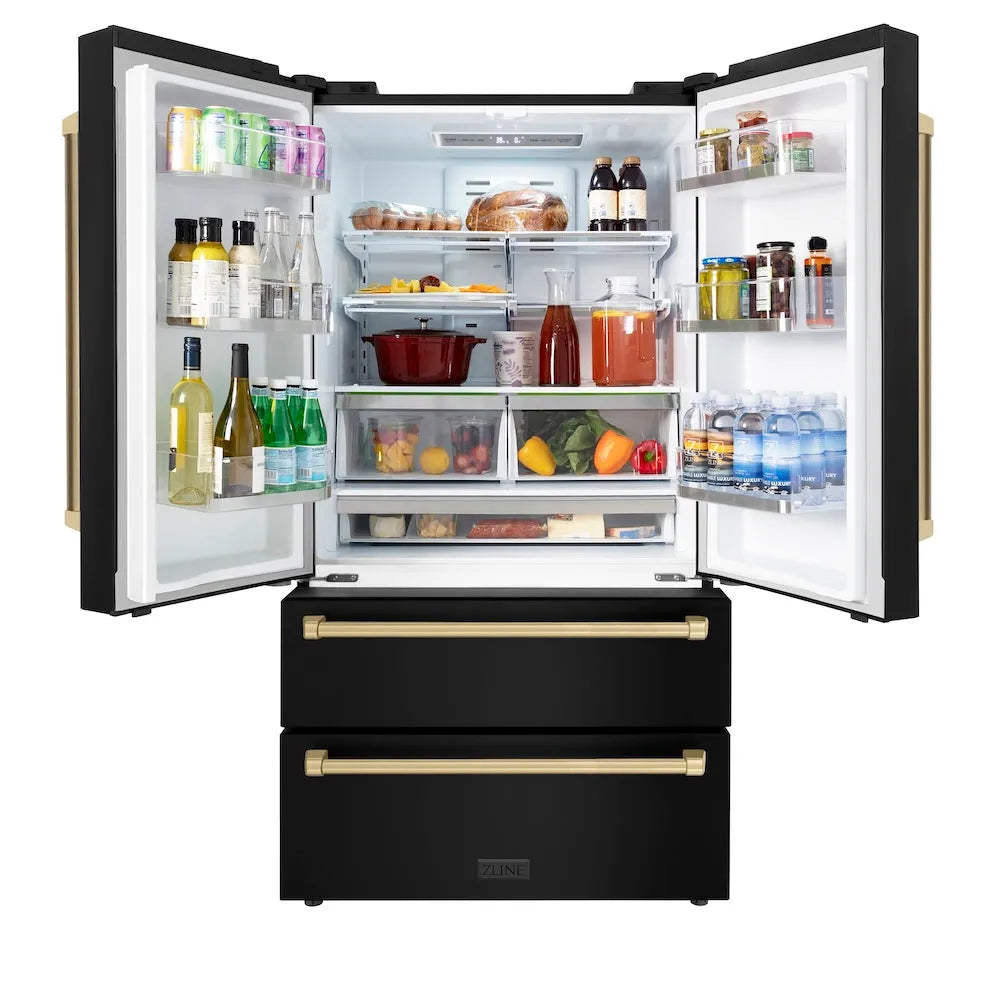ZLINE Autograph Edition 36-inch refrigerator in fingerprint-resistant black stainless steel with bright white interior and champagne bronze accents RFMZ-36-BS-CB, front view