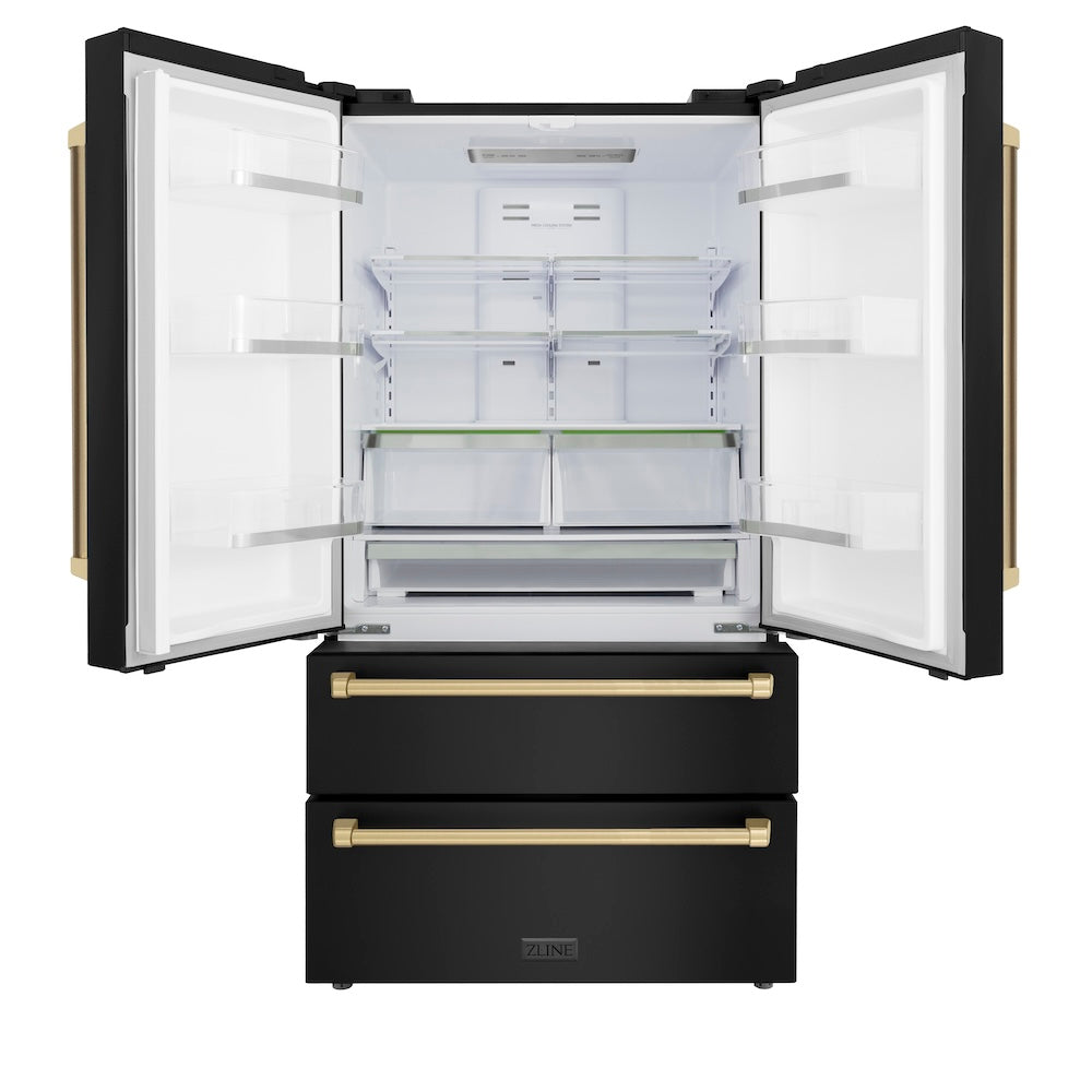 ZLINE Autograph Edition 36-inch refrigerator in fingerprint-resistant black stainless steel with bright white interior and champagne bronze accents RFMZ-36-BS-CB, front view
