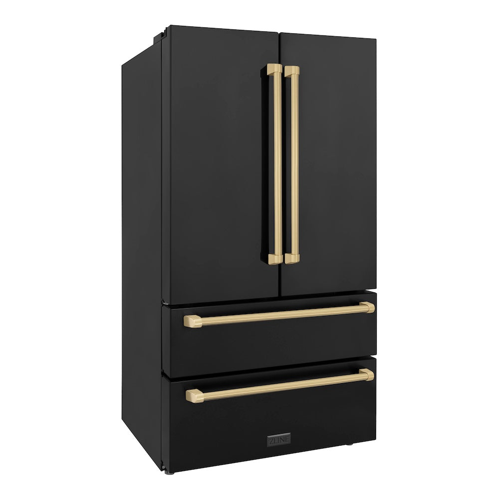 ZLINE Autograph Edition 36-inch refrigerator in fingerprint-resistant black stainless steel with bright white interior and champagne bronze accents RFMZ-36-BS-CB, side view