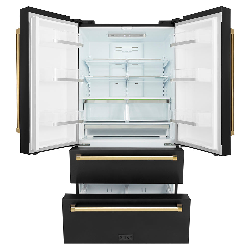 ZLINE Autograph Edition 36-inch refrigerator in fingerprint-resistant black stainless steel with bright white interior and polished gold accents RFMZ-36-BS-G, front view