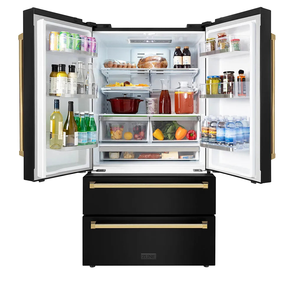 ZLINE Autograph Edition 36-inch refrigerator in fingerprint-resistant black stainless steel with bright white interior and polished gold accents RFMZ-36-BS-G, front view