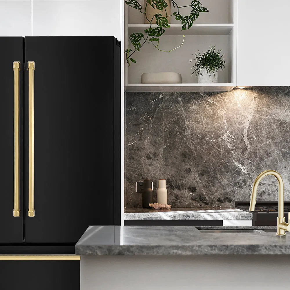 ZLINE Autograph Edition 36-inch refrigerator in fingerprint-resistant black stainless steel with bright white interior and polished gold accents RFMZ-36-BS-G, front view