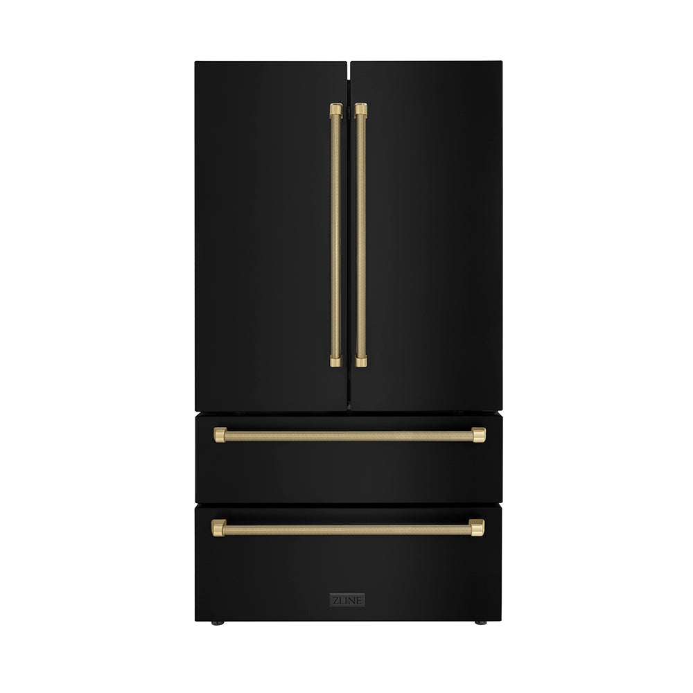 ZLINE Autograph Edition 36-inch refrigerator in fingerprint-resistant black stainless steel with bright white interior and champagne bronze accents RFMZ-36-BS-KCB