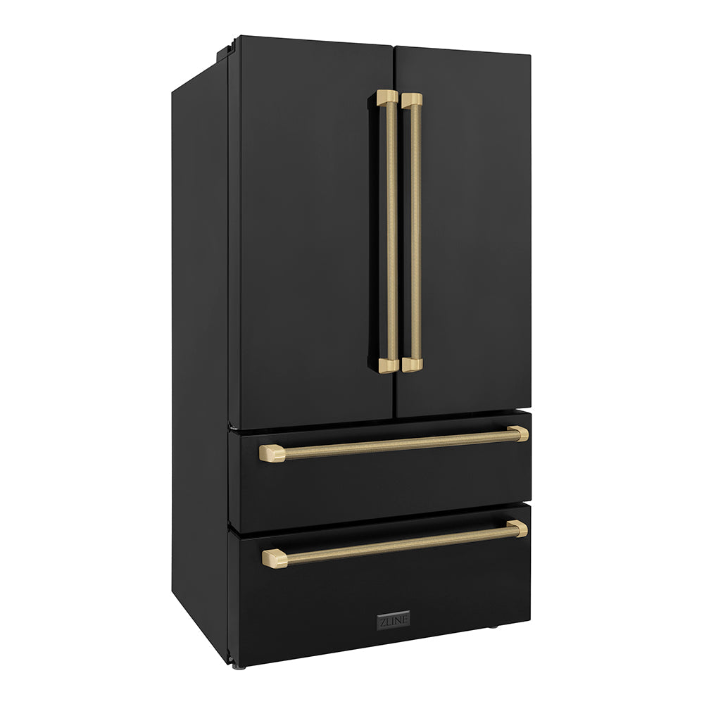 ZLINE Autograph Edition 36-inch refrigerator in fingerprint-resistant black stainless steel with bright white interior and champagne bronze accents RFMZ-36-BS-KCB, side view