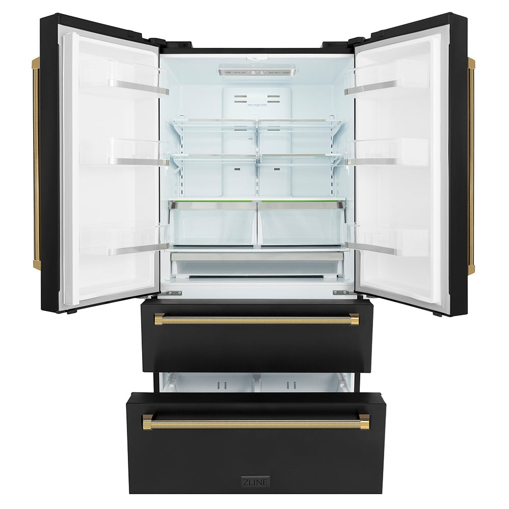 ZLINE Autograph Edition 36-inch refrigerator in fingerprint-resistant black stainless steel with bright white interior and polished gold accents RFMZ-36-BS-KG, front view