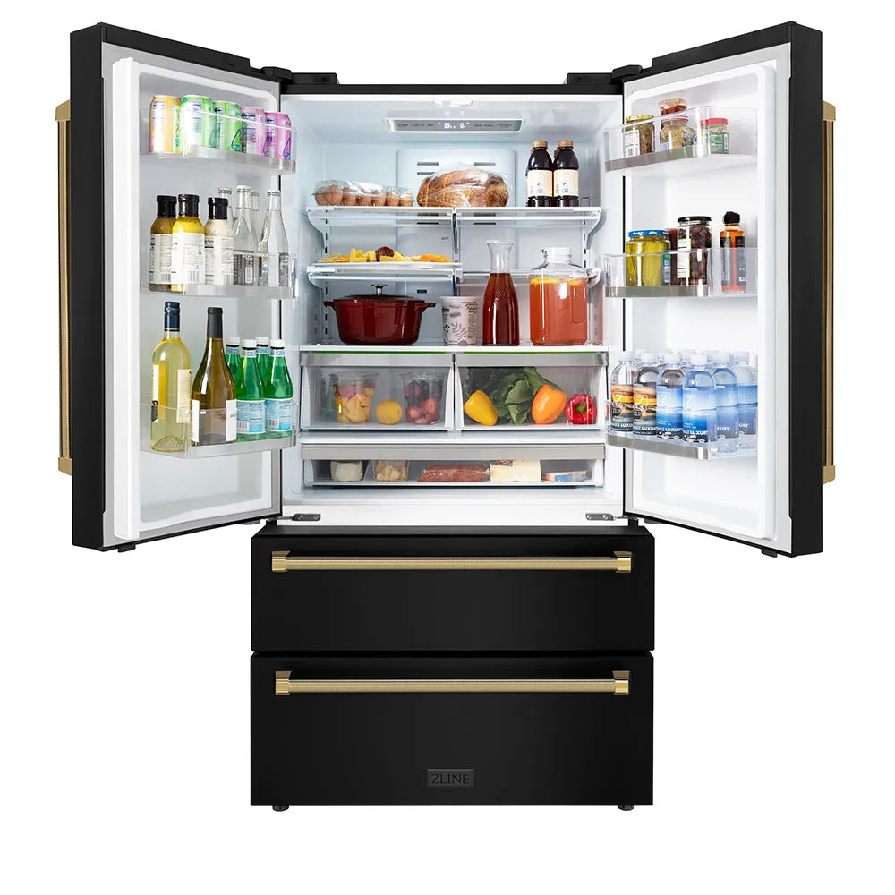 ZLINE Autograph Edition 36-inch refrigerator in fingerprint-resistant black stainless steel with bright white interior and polished gold accents RFMZ-36-BS-KG, front view