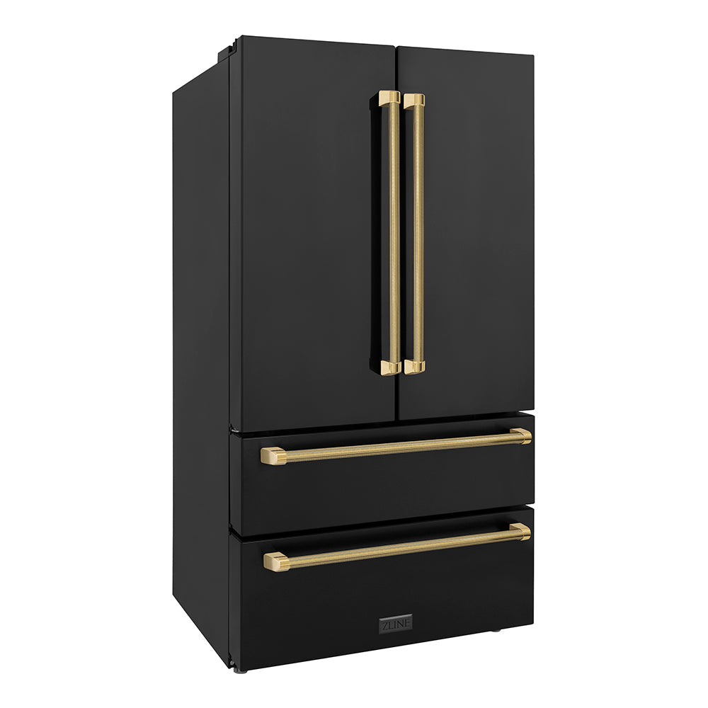 ZLINE Autograph Edition 36-inch refrigerator in fingerprint-resistant black stainless steel with bright white interior and polished gold accents RFMZ-36-BS-KG, side view