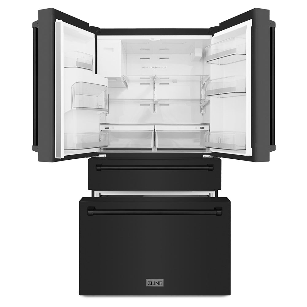 ZLINE 36-inch refrigerator in fingerprint-resistant black stainless steel with bright white interior RFM-W-36-BS, front view