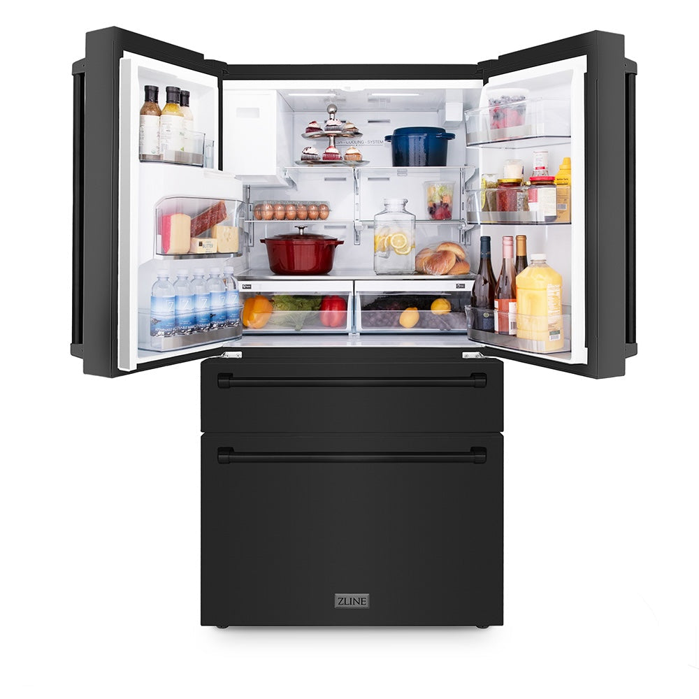 ZLINE 36-inch refrigerator in fingerprint-resistant black stainless steel with bright white interior RFM-W-36-BS, front view