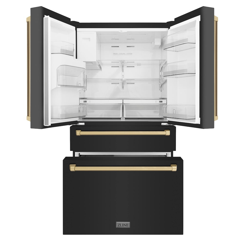ZLINE Autograph Edition 36-inch refrigerator in fingerprint-resistant black stainless steel with bright white interior and champagne bronze accents RFMZ-W-36-BS-CB, front view