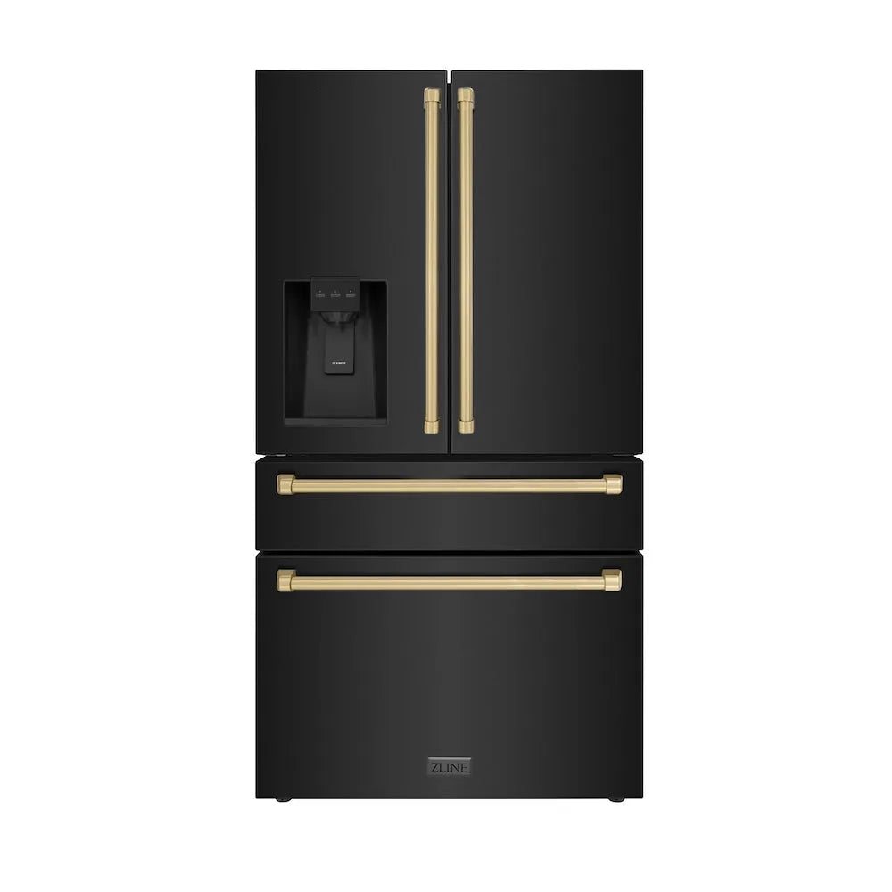ZLINE Autograph Edition 36-inch refrigerator in fingerprint-resistant black stainless steel with bright white interior and champagne bronze accents RFMZ-W-36-BS-CB